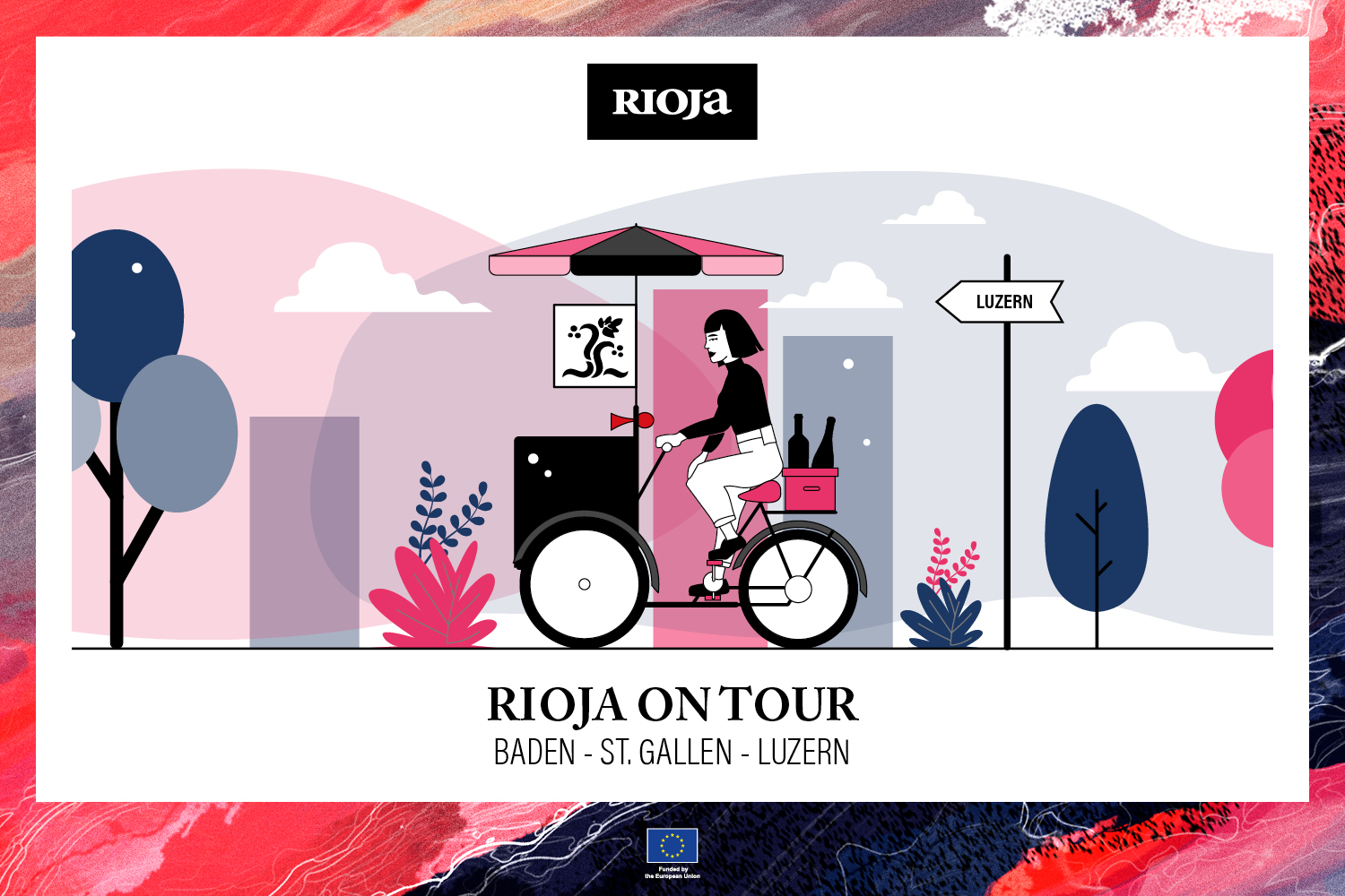 Illustration einer Frau, die auf einem Fahrrad mit einem kleinen Wagen fährt, der Weinflaschen enthält. Im Hintergrund sind stilisierte Bäume und ein Wegweiser mit der Aufschrift 'Luzern' zu sehen. Der Text 'Rioja on Tour' und die Städte 'Baden - St. Gallen - Luzern' sind ebenfalls enthalten.